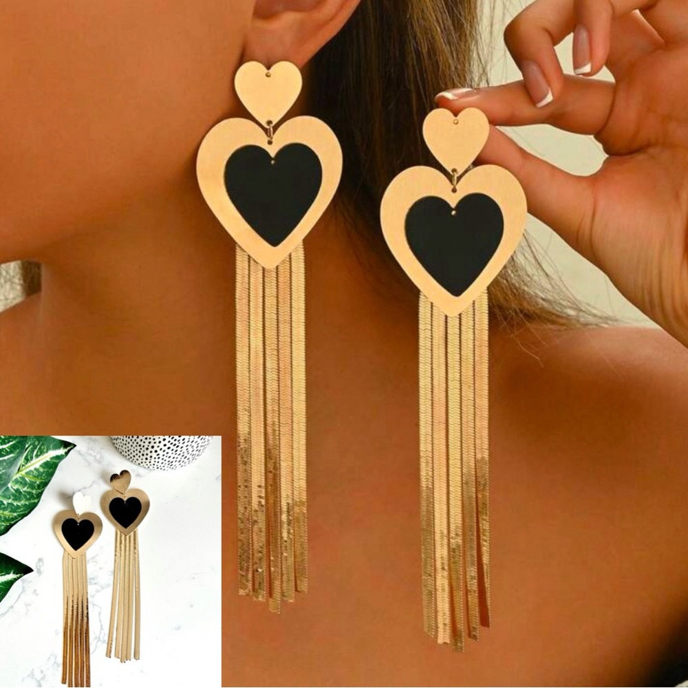 2/$30🌵 Gold Tone Heart Black Heart Earrings Jewelry Long Chain Tassels Boho NEW